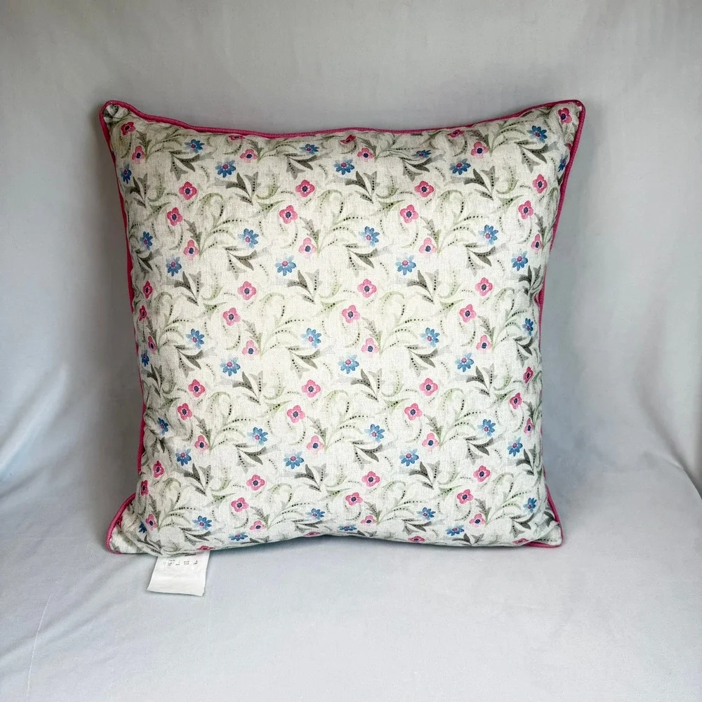 Floral Throw Pillow 20x20 Pink Piped Edge Cotton Reversible